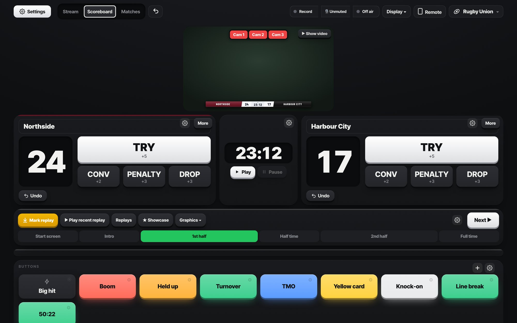 The Scoreboard Live app during a rugby game: Northside 24, Harbour City 17, with big score buttons for each team